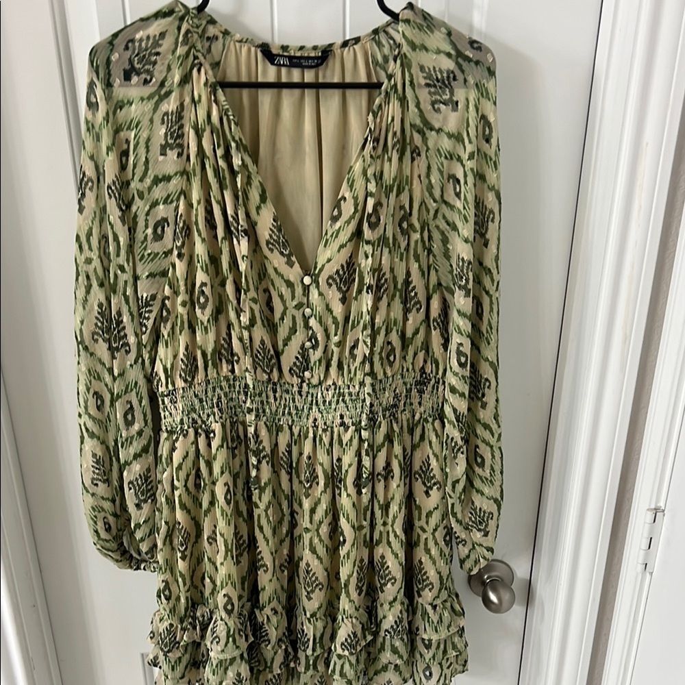 Zara Green Cream Smocked dress
